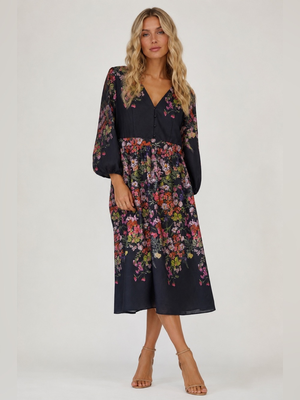 Adelyn Rae Tessa Gloral Print Balloon Sleeve Black V-Neck Midi Dress Sz L